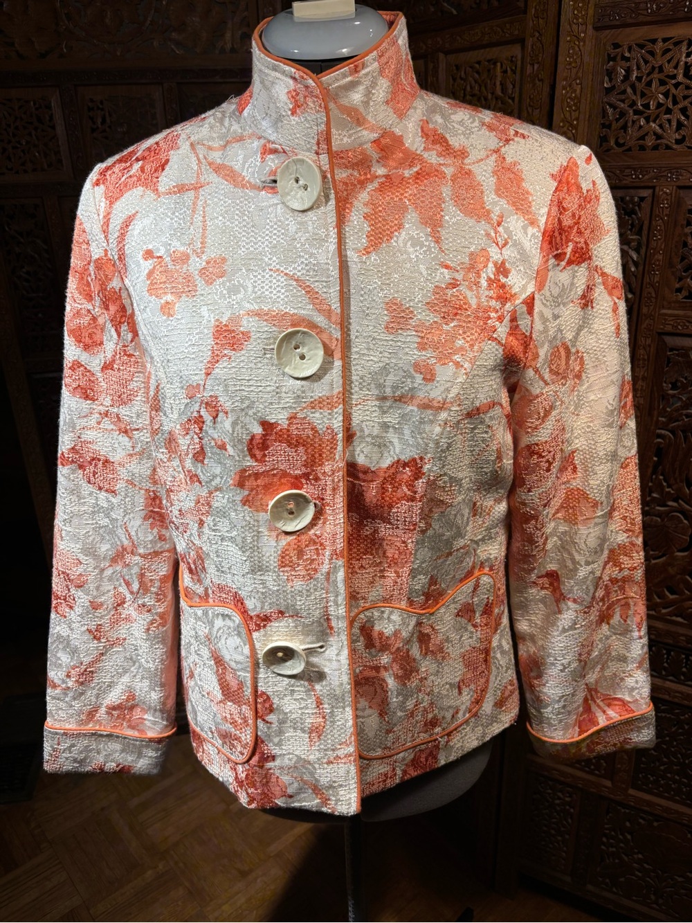 Coldwater Creek Cream and Coral Floral Textured Blazer